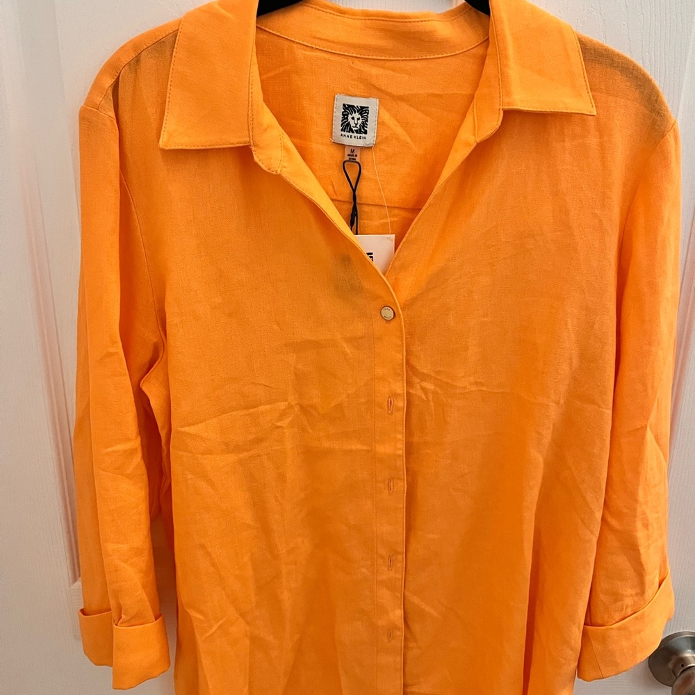 Anne Klein Women Orange 3/4 Sleeve Linen Blend Blouse NEW